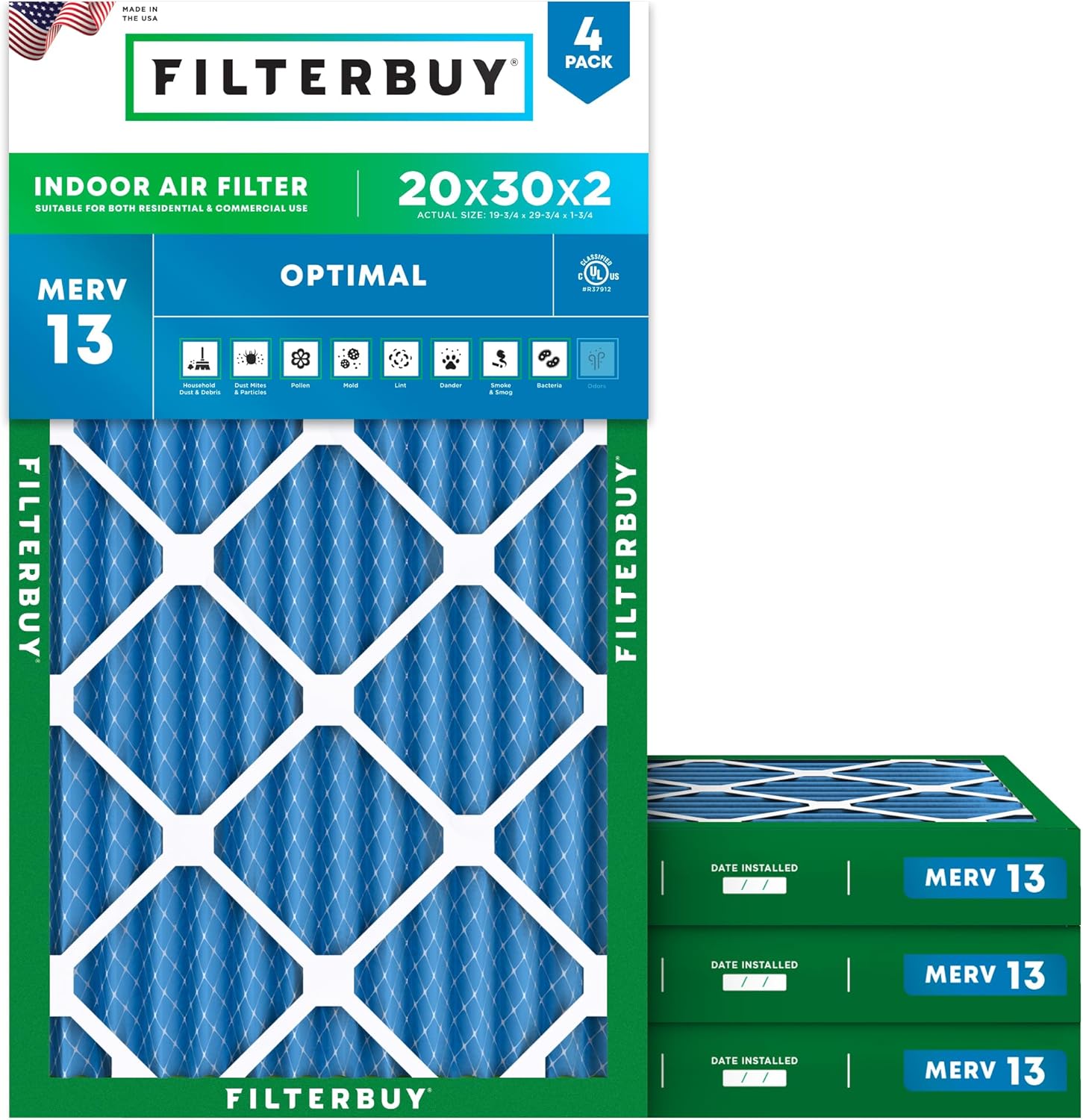 Filterbuy 20x30x2 Air Filter MERV 13 for Smoke & Allergy Defense