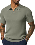 Mens V Neck Ribbed Knit Polo Shirt - Lightweight Stretch Comfort