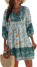 Womens Casual V Neck 3/4 Sleeve Boho Floral Mini Dress - Rayon