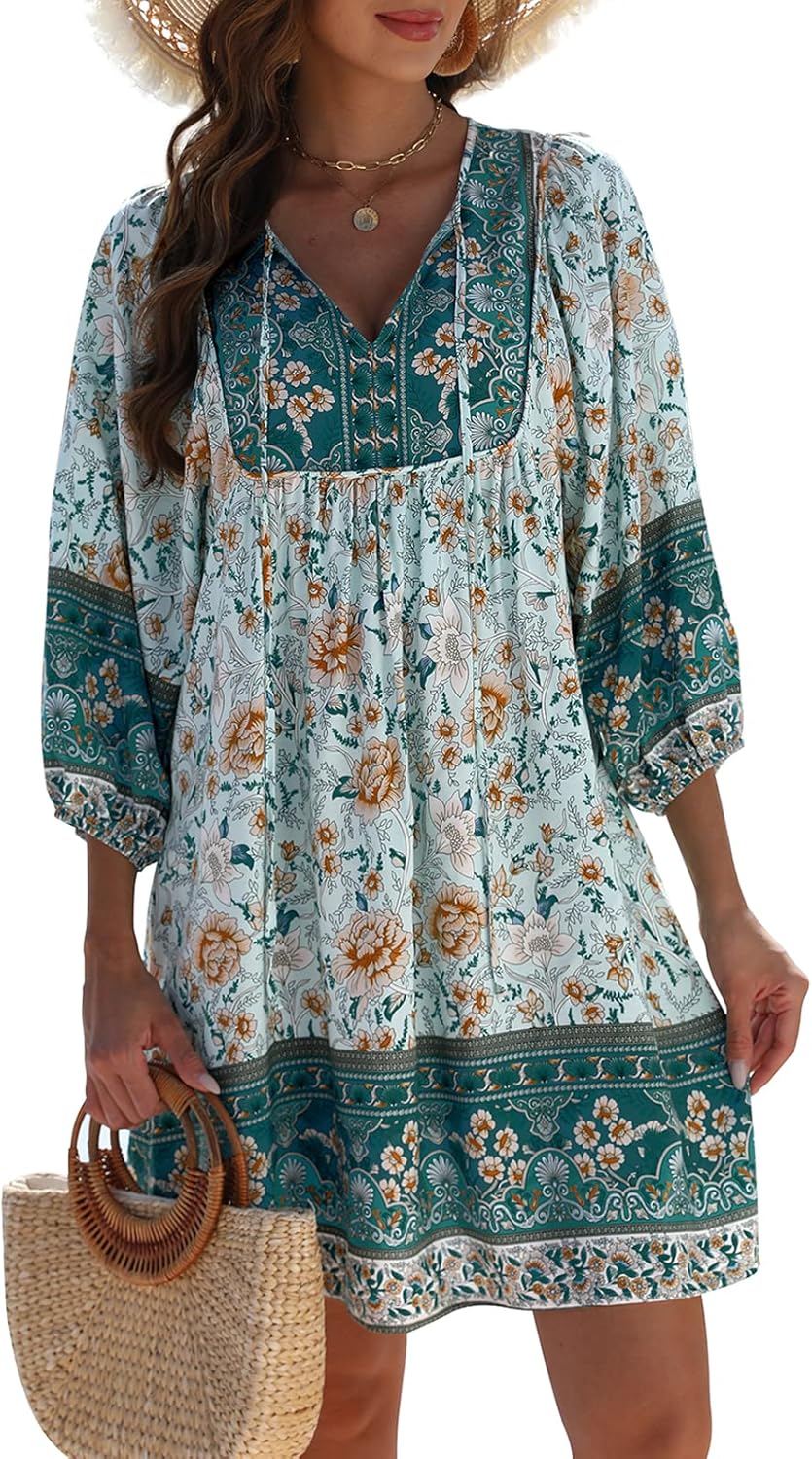Qearal Womens Casual V Neck Boho Floral Mini Summer Dress