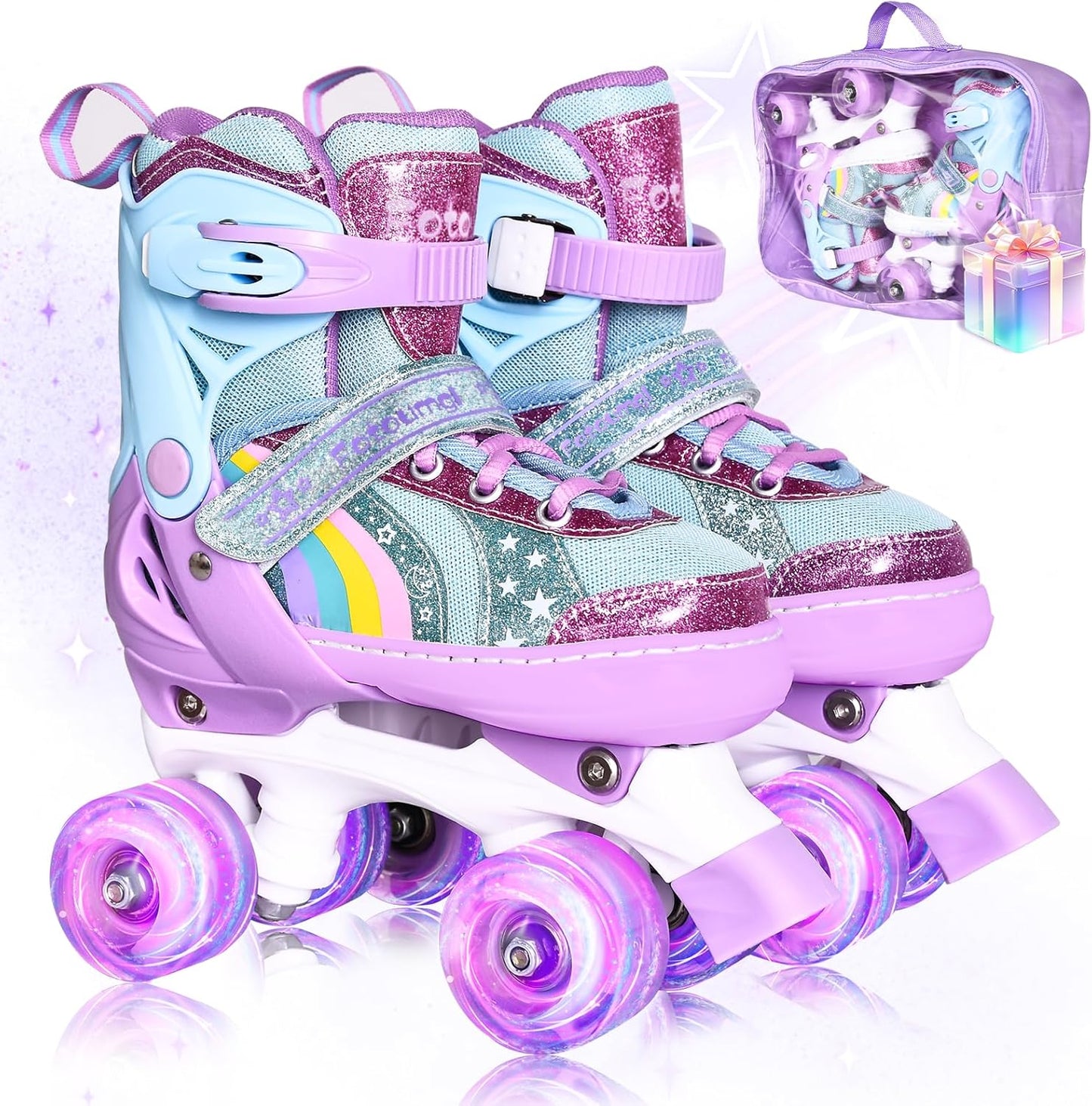 Rainbow Toddler Roller Skates - Adjustable Light Up Quad Skates