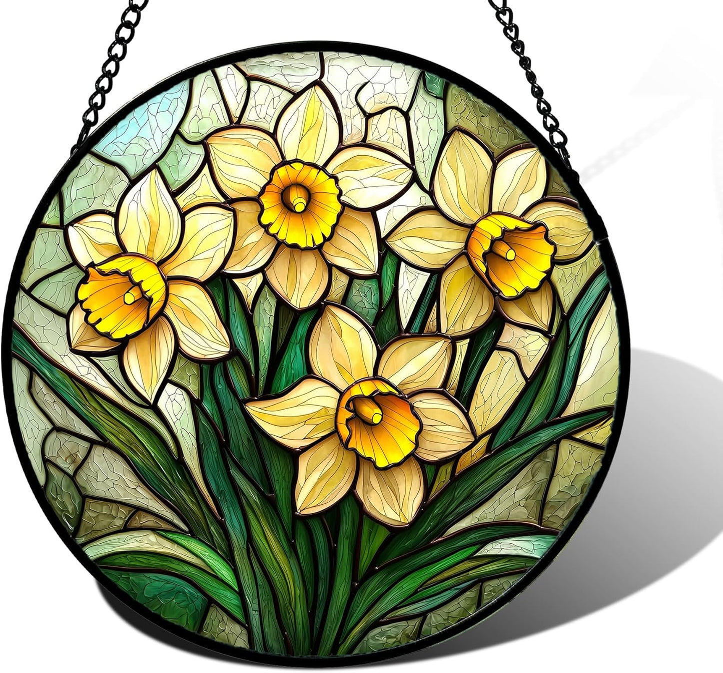 Stained Glass Window Hanging Daffodil Plant Flowers Suncatcher