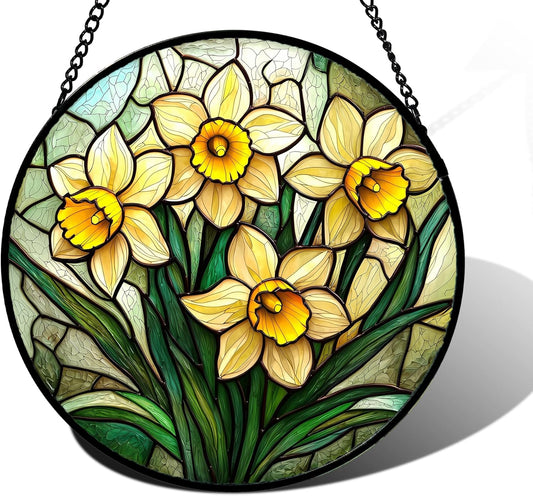 Stained Glass Window Hanging Daffodil Plant Flowers Suncatcher