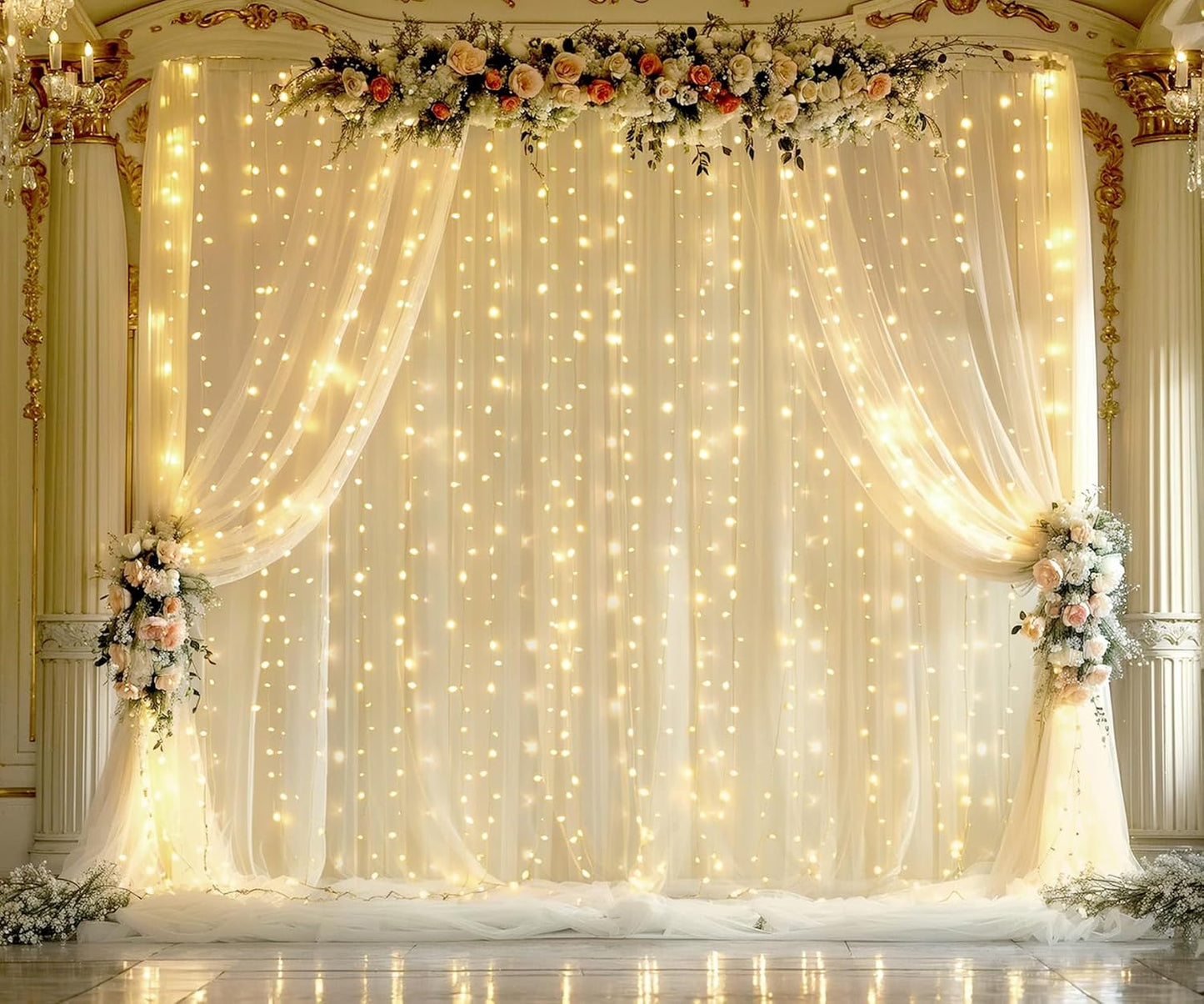 Champagne Tulle Backdrop Curtains - Elegant Lighting by Suppromo