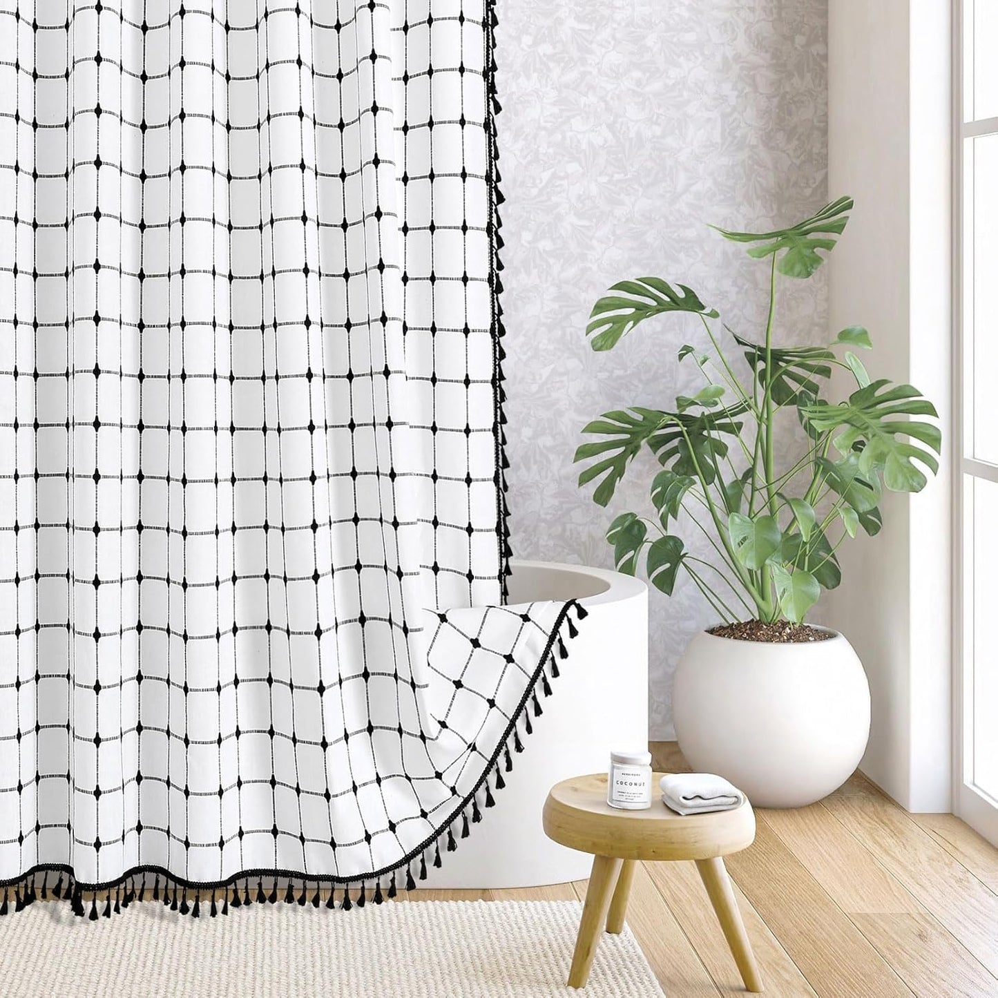 MitoVilla Ivory Boho Black Farmhouse Shower Curtain Set 72 x 78
