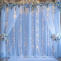 Blue Tulle Backdrop Curtains with Lights String - Soft Sheer Party