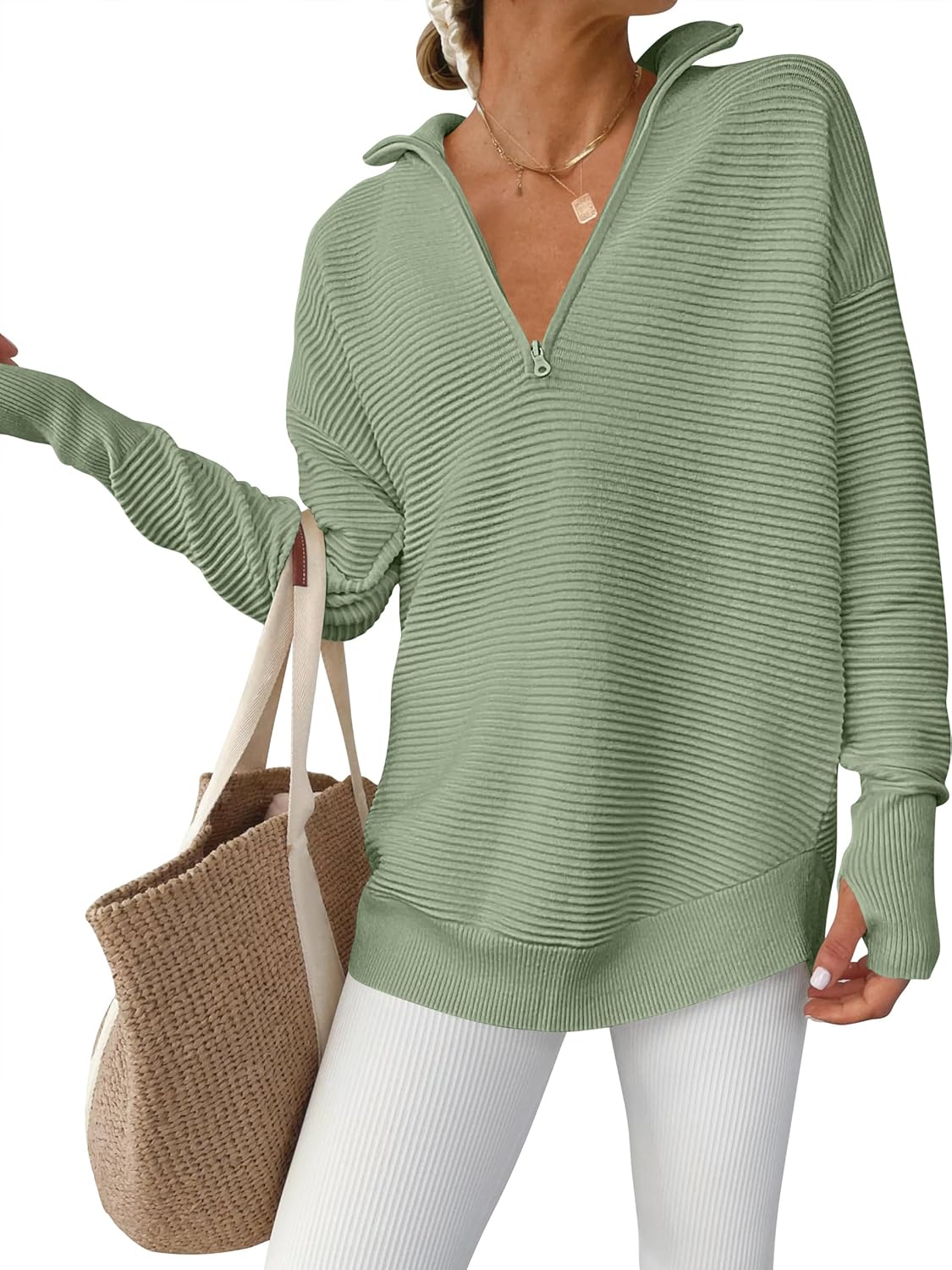 Womens Long Sleeve Quarter Zip Pullover Sweater for Casual Wear