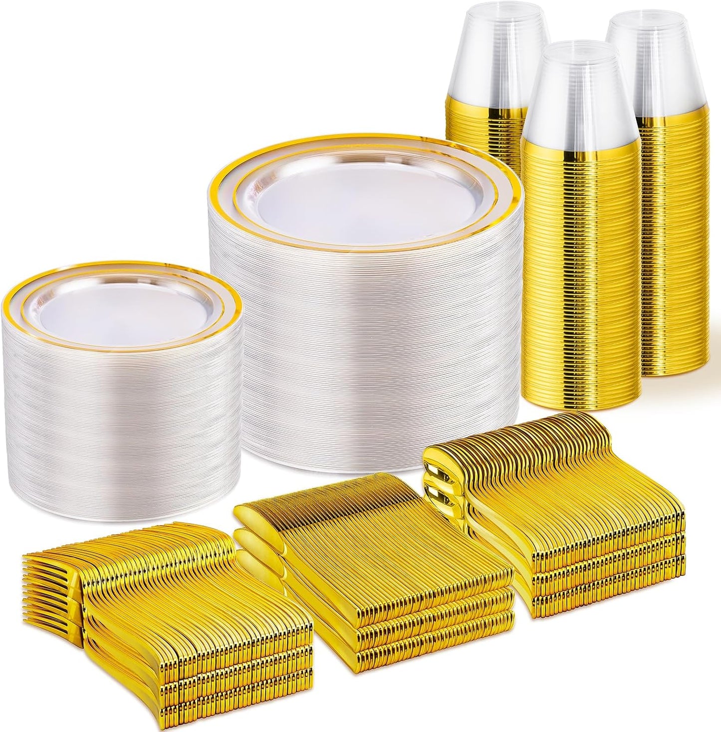 WELLIFE 600 PCS Clear Gold Disposable Dinnerware Set for Events