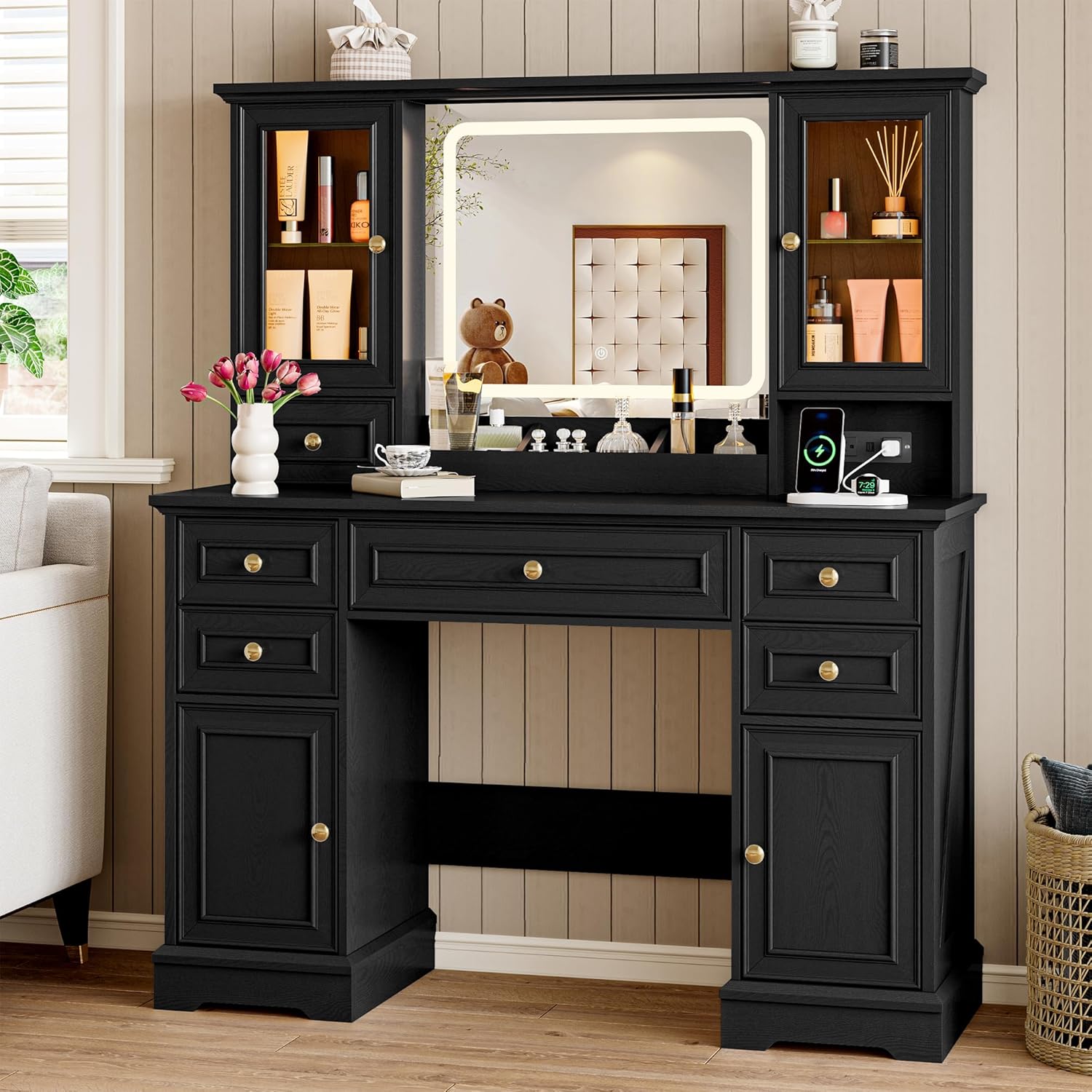 Farmhouse Vanity Desk w/ LED Mirror & Storage, Glam Up in Style!