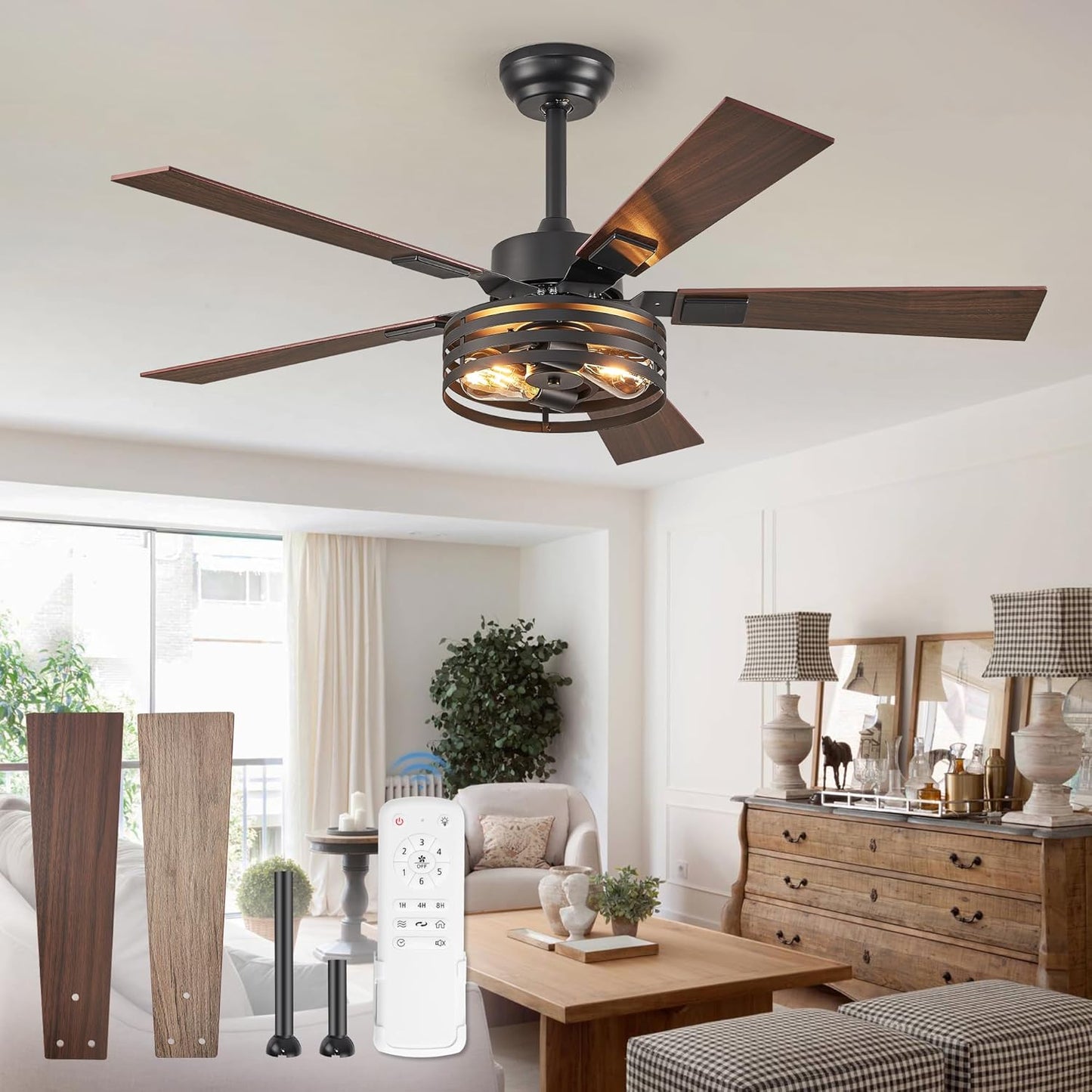 Farmhouse Caged Ceiling Fans with Lights and Remote Control