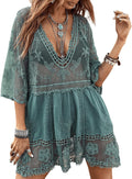 Contrast Lace V-Neck Swimsuit Cover Up - Flowy Beach Dress