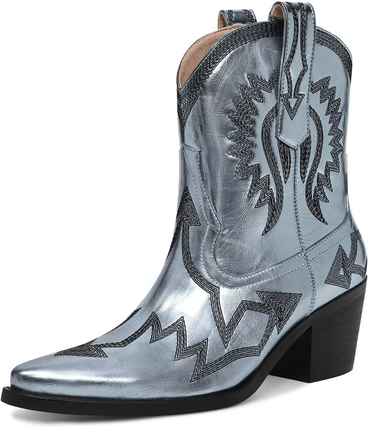 Western Boots for Women with Metallic Embroidery and Chunky Heel