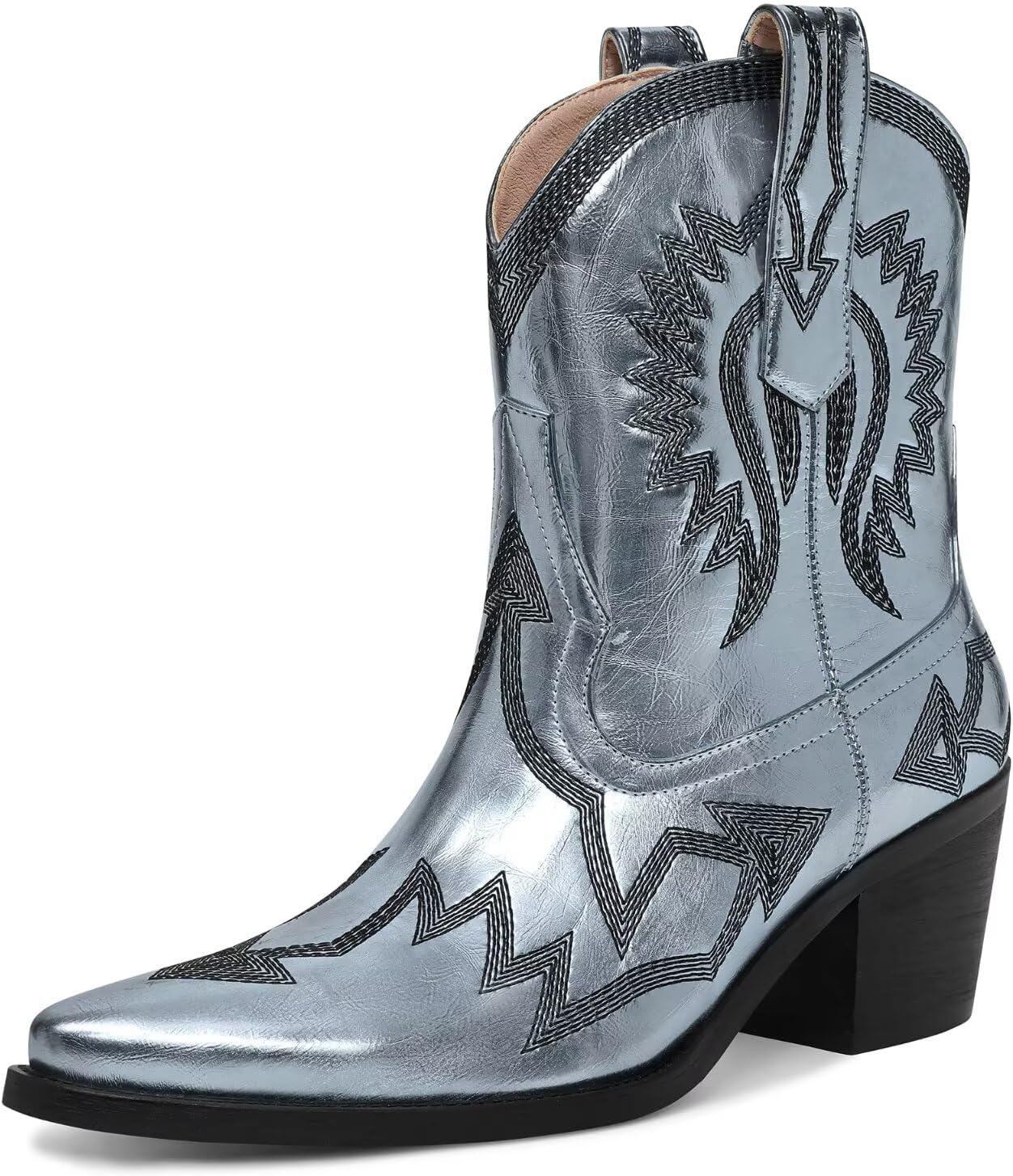 Western Boots for Women with Metallic Embroidery and Chunky Heel