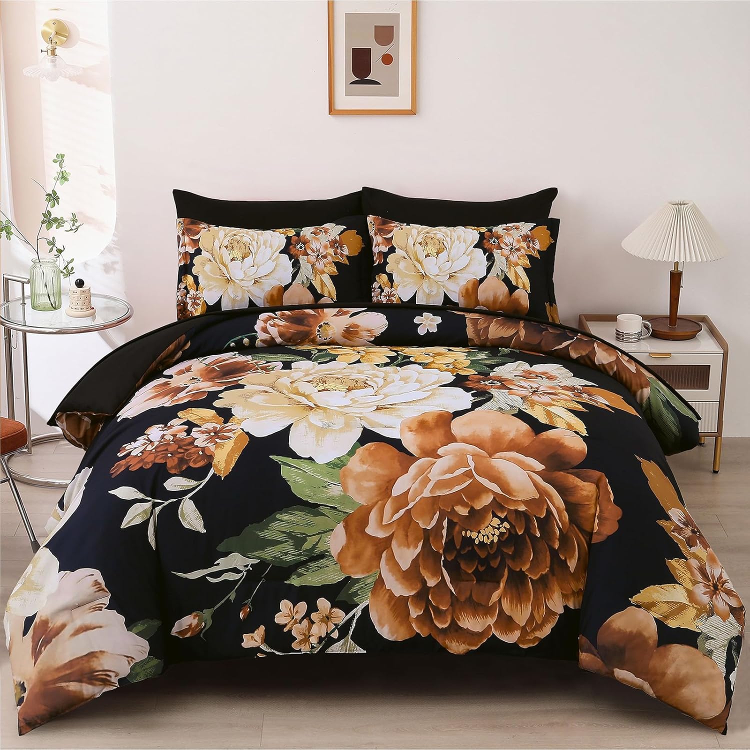 Elegant Black Floral Queen Size Comforter Set for All Seasons