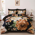 Boho Floral Cal King Comforter Set - Black and Gold Elegant Bedding