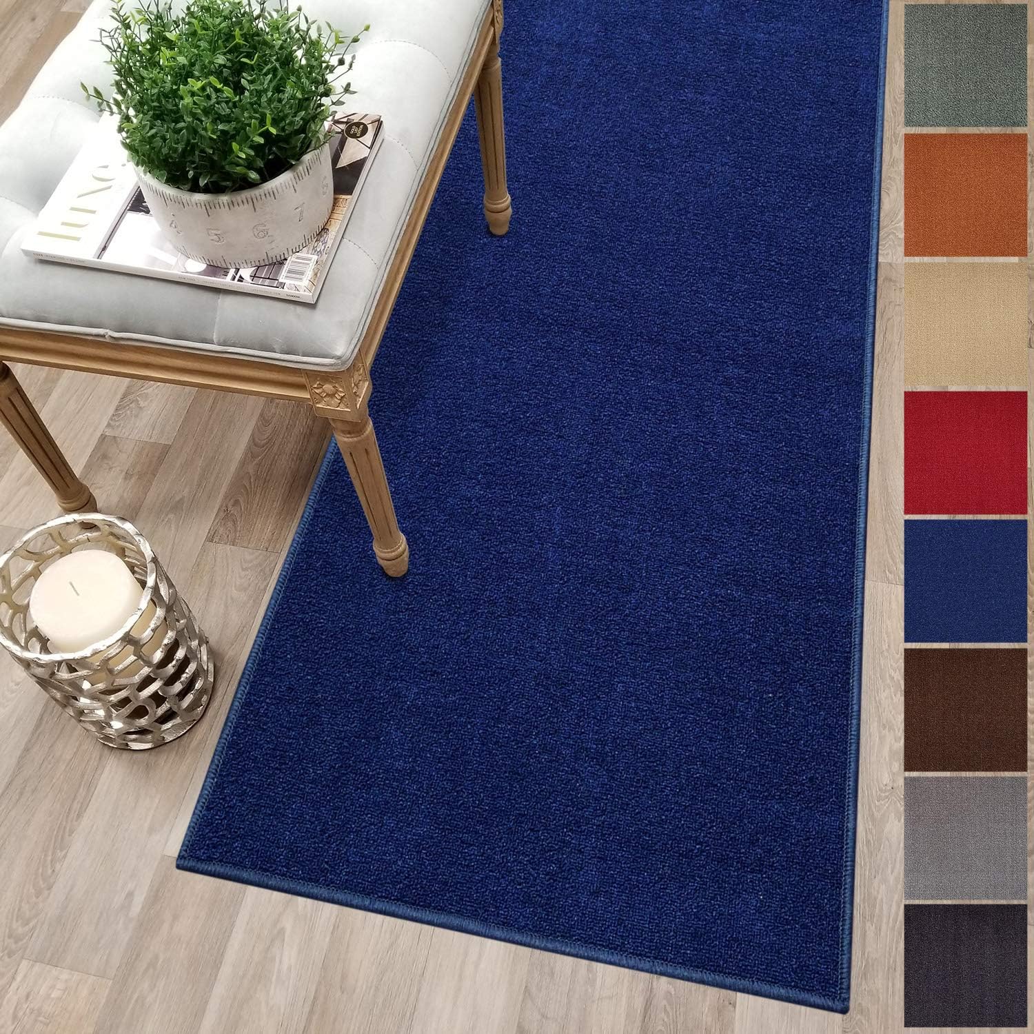 Kapaqua Custom Size Blue Solid Non-Slip Hallway Stair Runner Rug