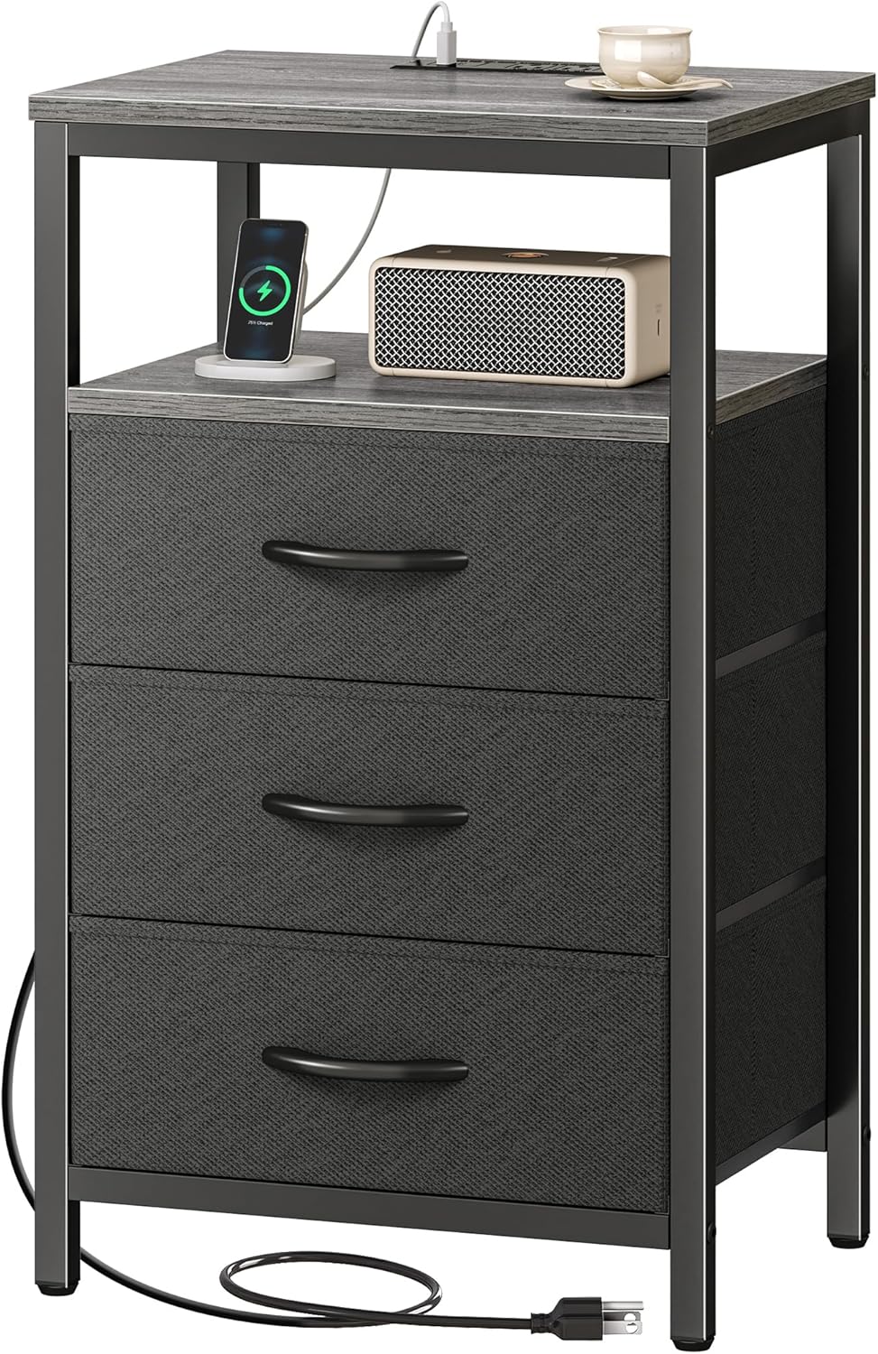 Huuger Nightstand with Charging Station and Fabric Drawers