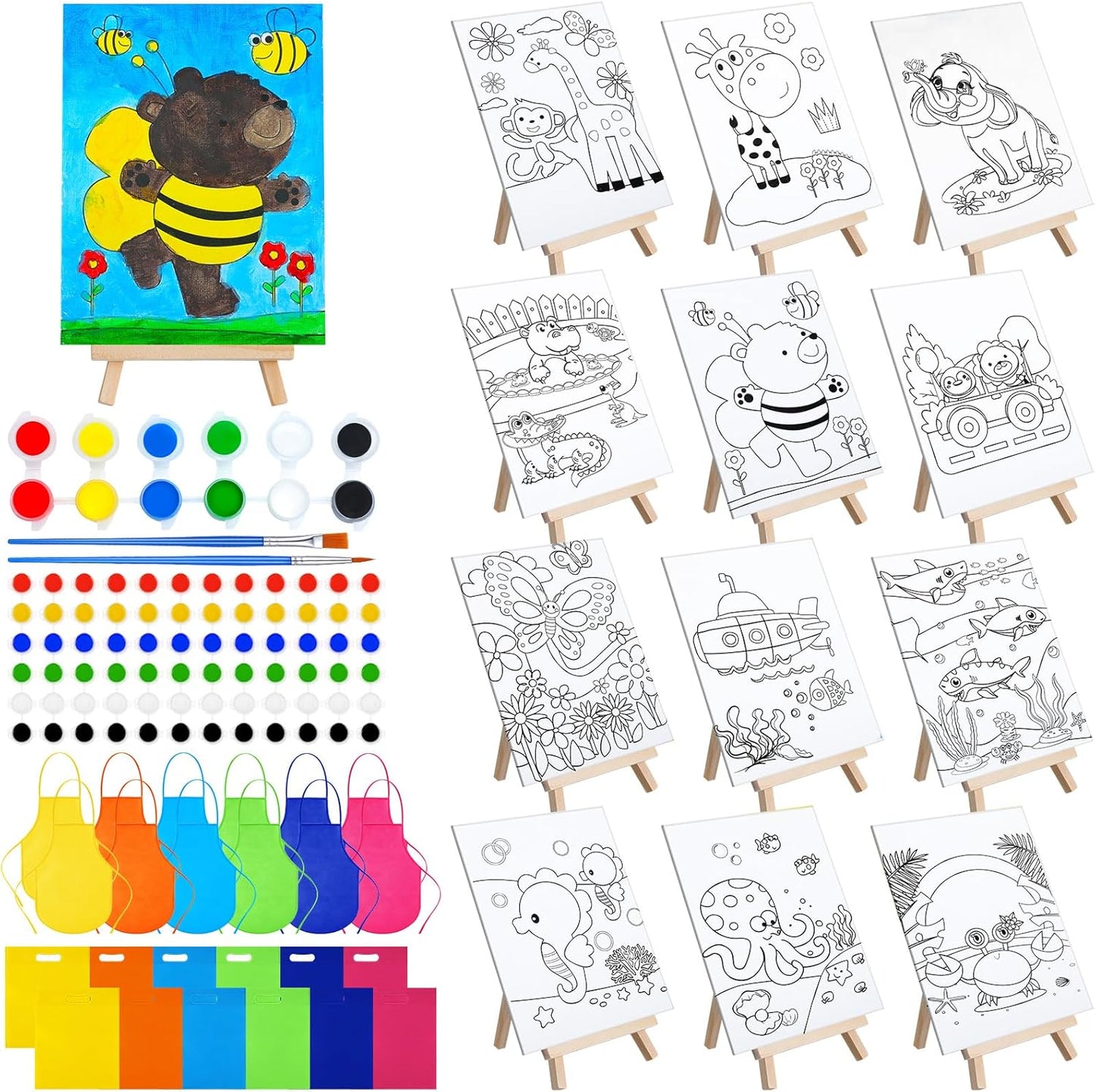 48 Pcs Kids Paint Party Favors Set with Pre Drawn Canvas Panels
