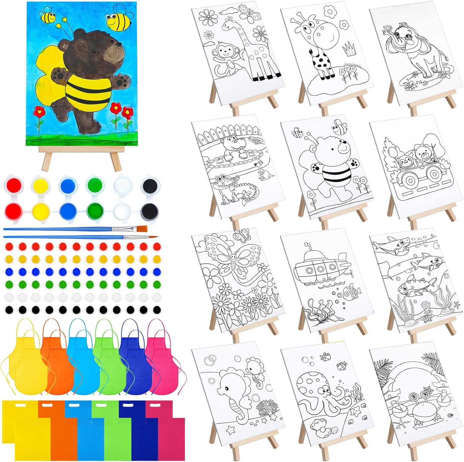 48 Pcs Kids Paint Party Favors Set with Pre Drawn Canvas Panels
