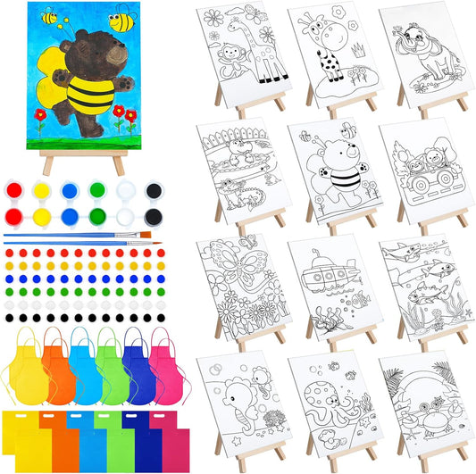 48 Pcs Kids Paint Party Favors Set with Pre Drawn Canvas Panels