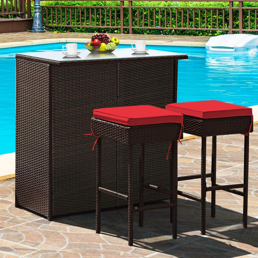 Tangkula 3 Piece Outdoor Rattan Wicker Bar Set for Patios