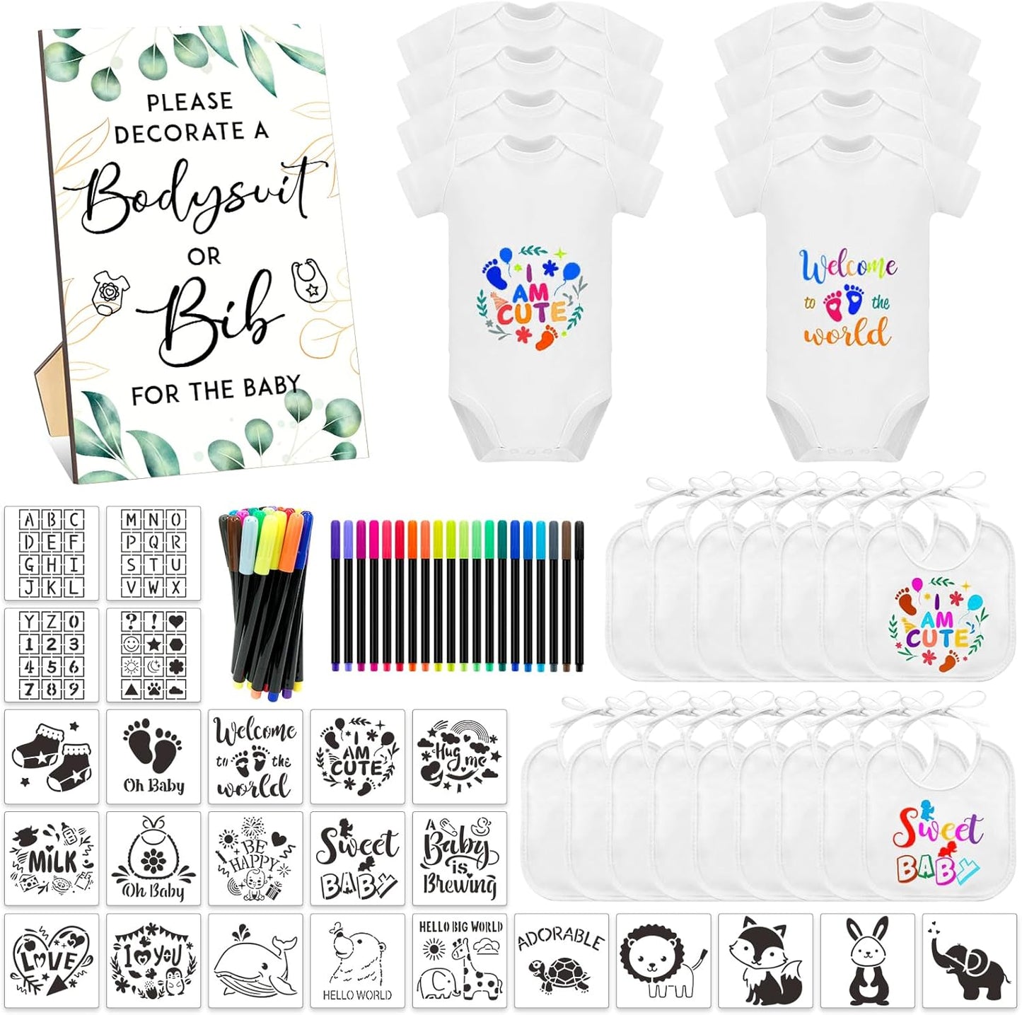 69 Pcs Baby Bib Bodysuit Set for Fun Baby Shower Activities