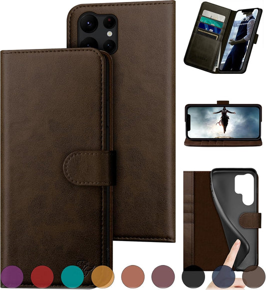 Genuine Leather Wallet Case for Samsung Galaxy S25 Ultra - Brown