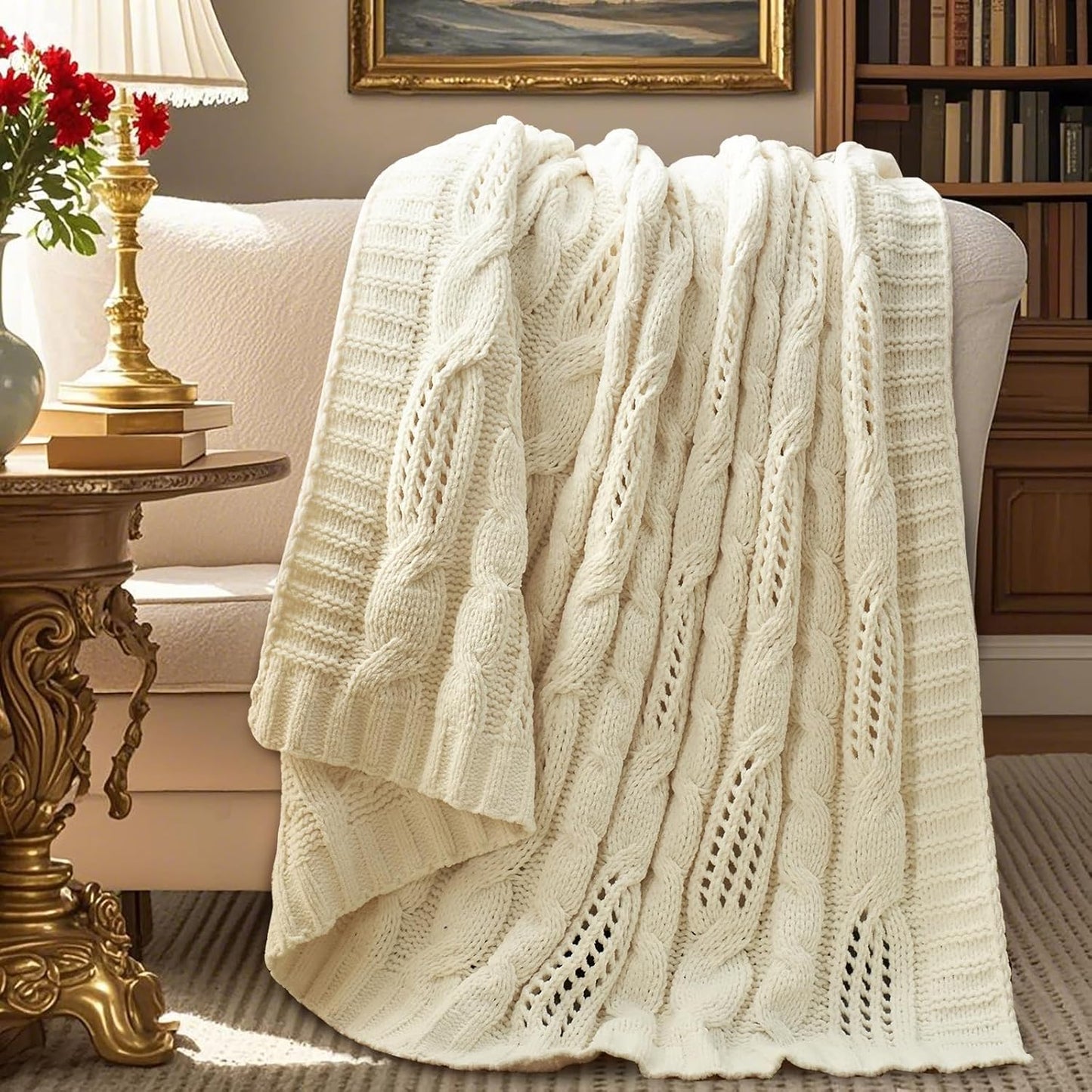 Chunky Knit Throw Blanket - Soft Chenille Cable Knit Design