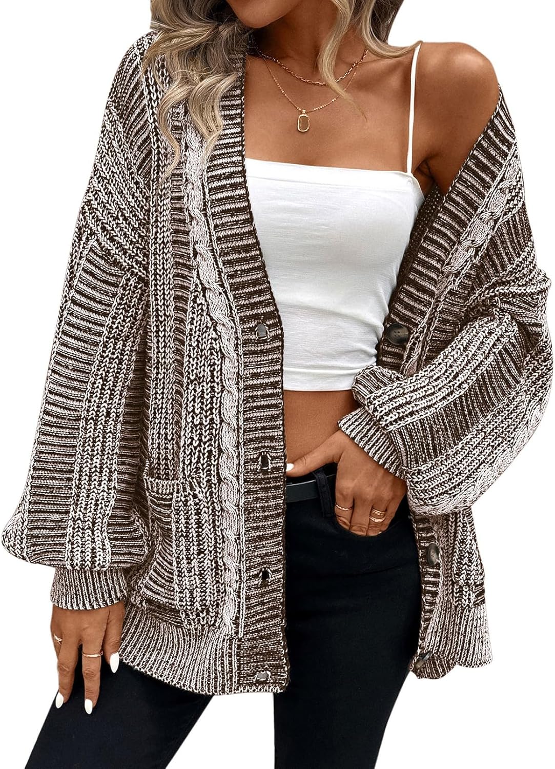 Pink Queen Women's Oversized Cable Knit Cardigan Sweater for Fall