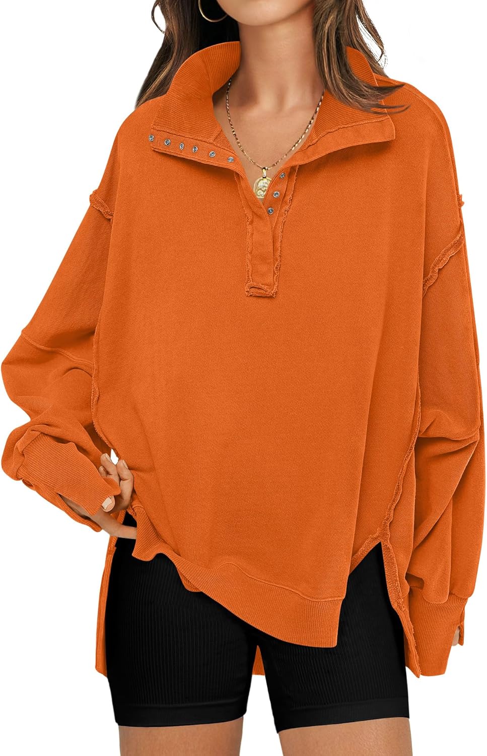 Oversized Sweatshirt for Women with Trendy Button Henley Neck