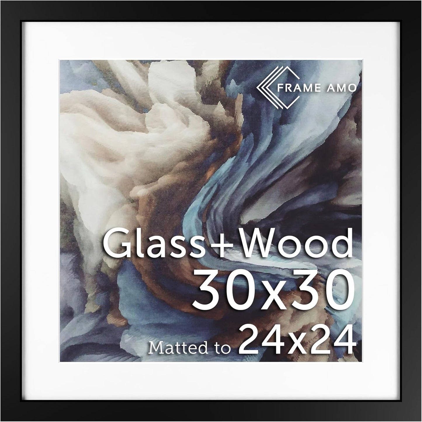30x30 Black Solid Wood Poster Frame with White Mat for 24x24 Art