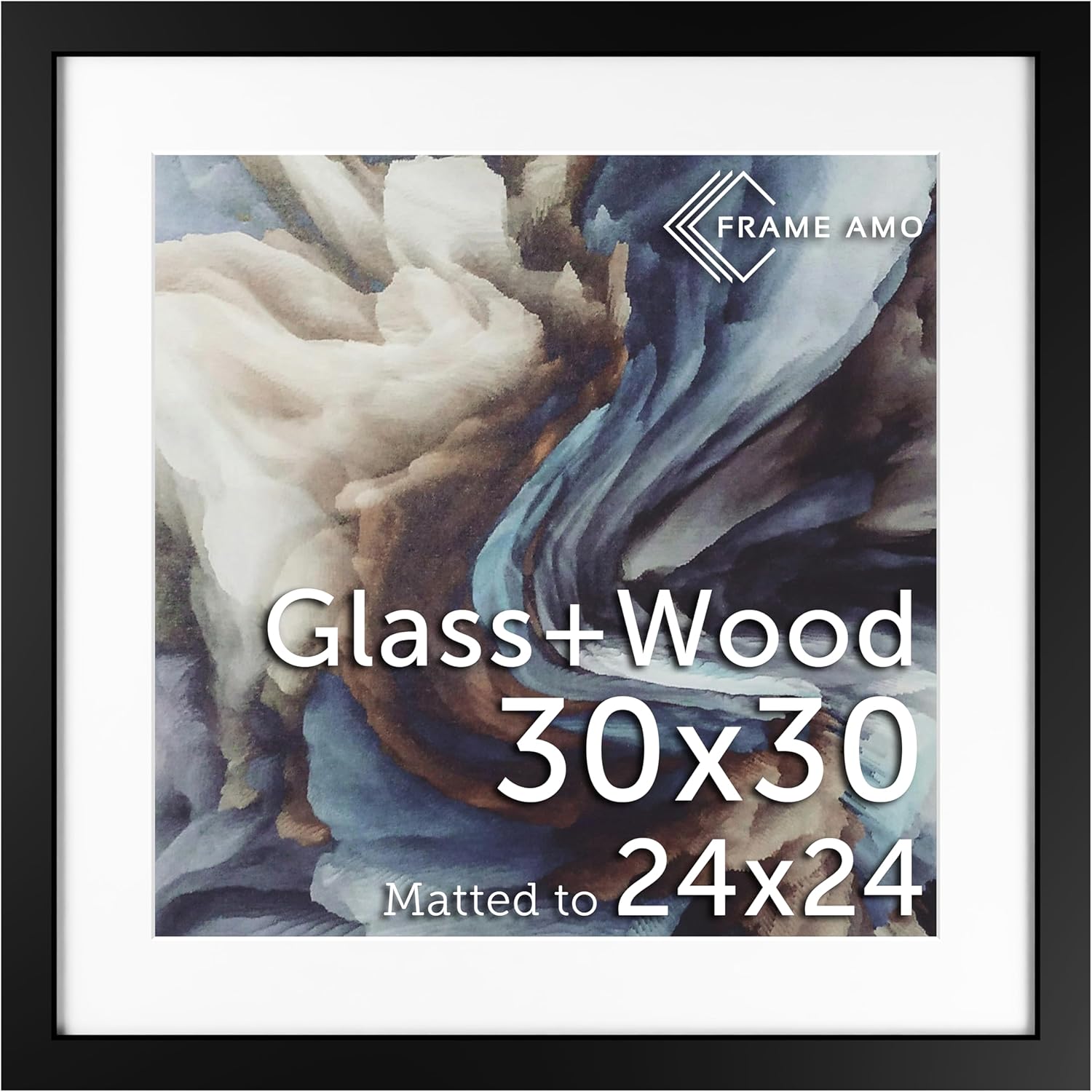 30x30 Black Solid Wood Poster Frame with White Mat for 24x24 Art