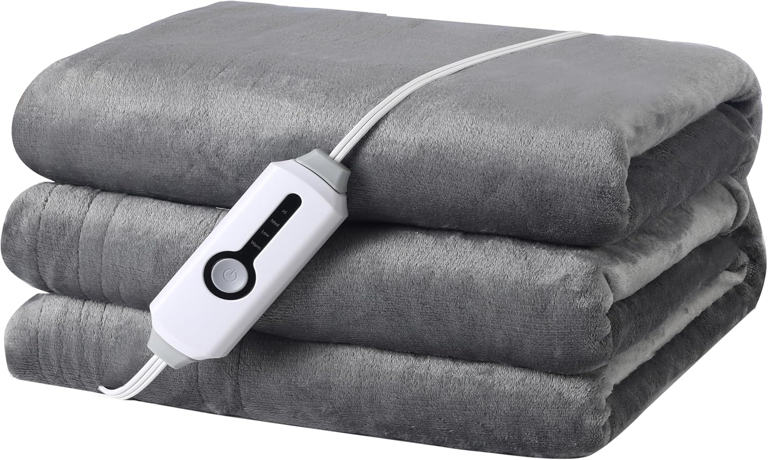 Full Size Electric Heated Blanket - 4 Heat Levels, Auto Shut Off - Cozy & Washable - Light Grey