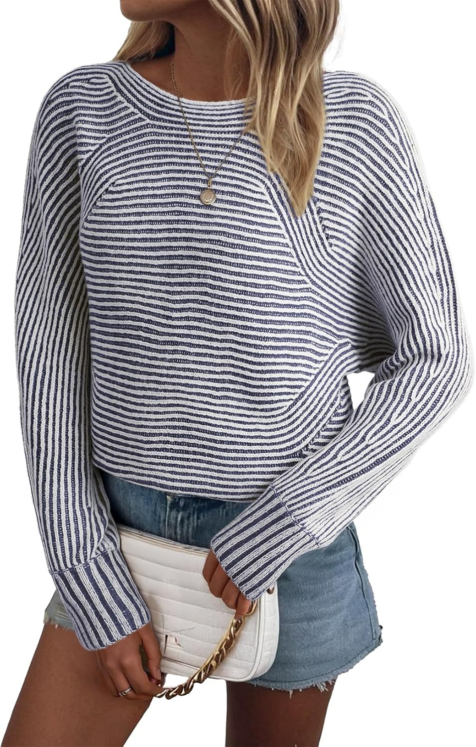 EVALESS Striped Sweaters for Women Boat Neck Oversized Pullover