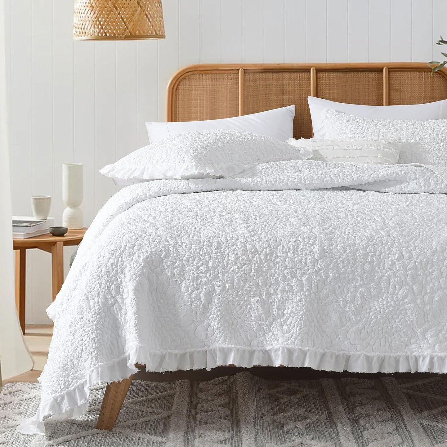White Ruffled Quilt King Size for Chic Farmhouse Bedding Style
