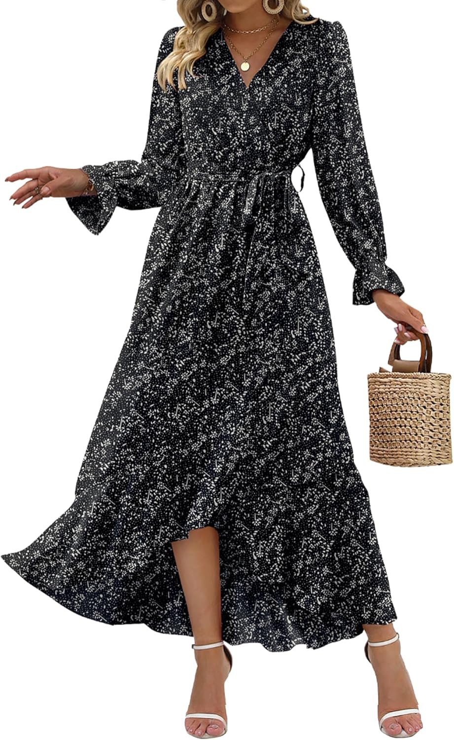 Floral High Waist Ruffle Long Sleeve Dress for Women