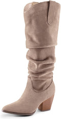 Women's Cowboy Knee-High Boots with Side Zipper - Mid Chunky Heel