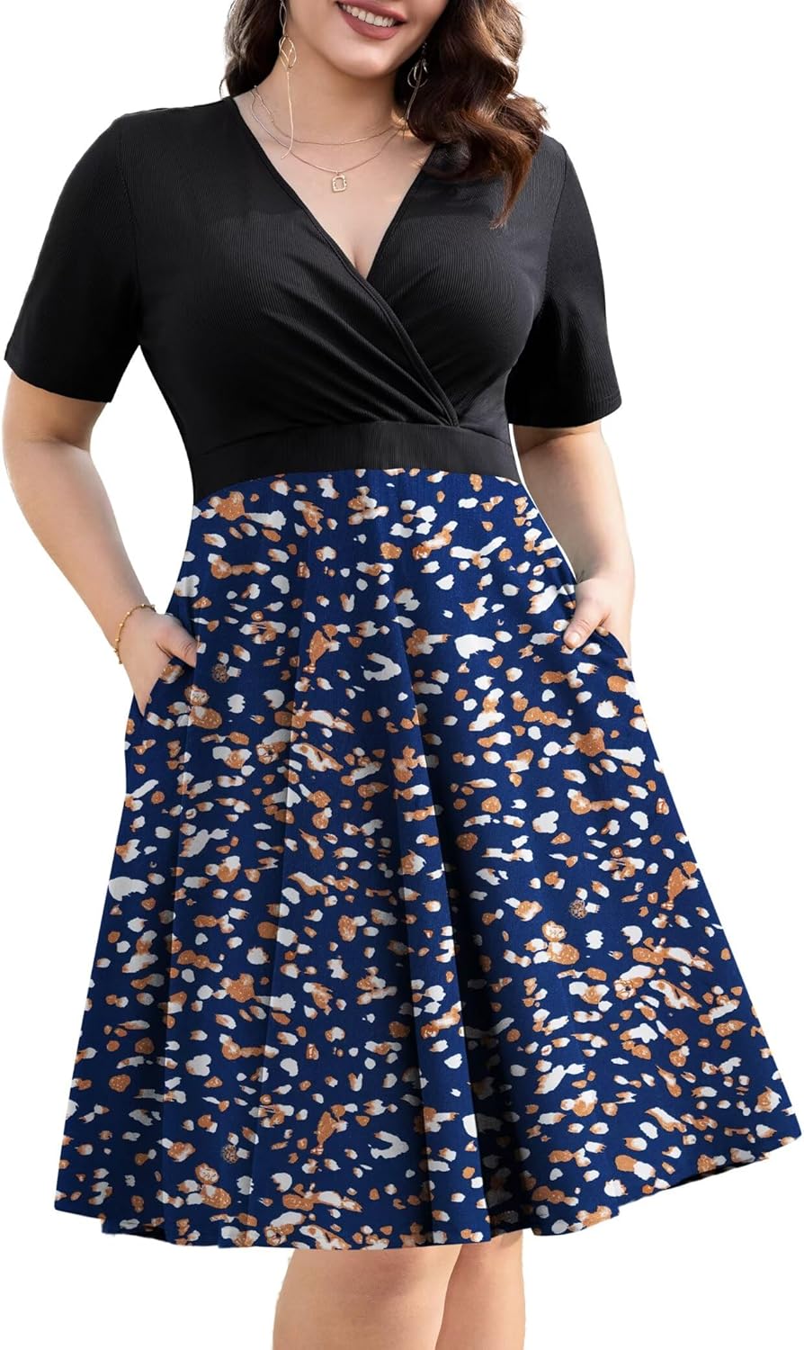 Plus Size Dresses for Women - Short Sleeve Faux Wrap Style