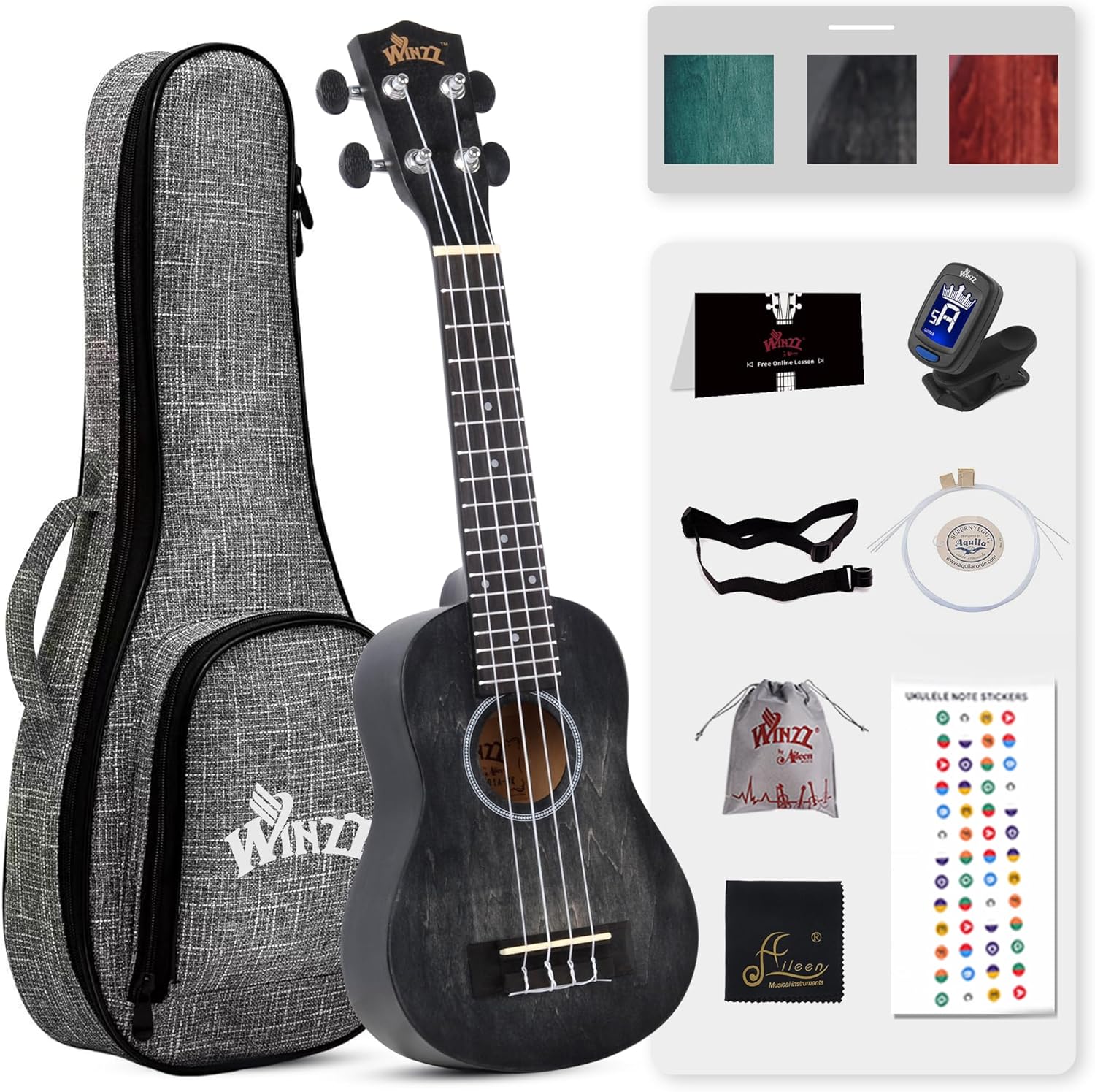 WINZZ 21 Inches Soprano Ukulele with Accessories and Lessons