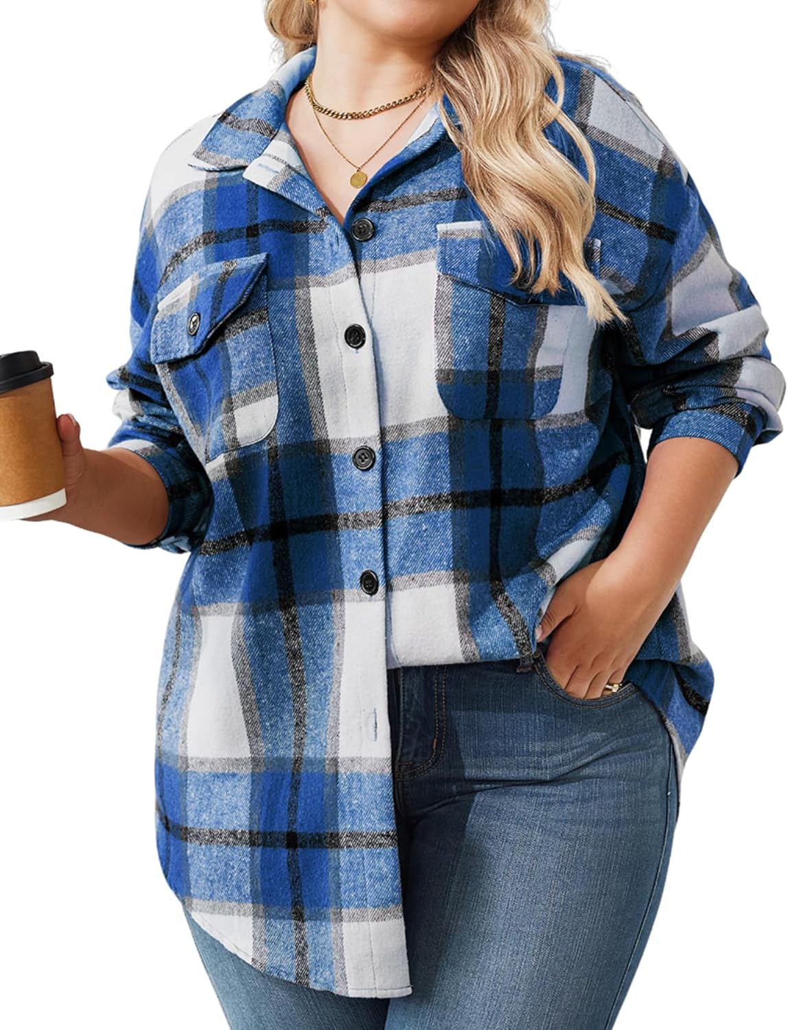 Plus Size Flannel Plaid Shacket for Women - Stylish and Versatile