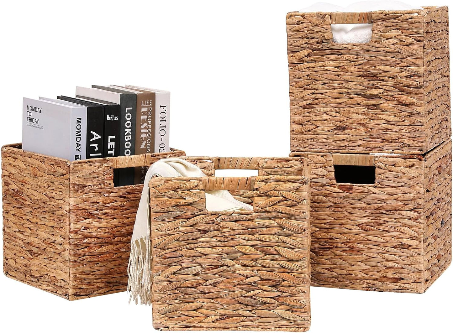 Wicker Storage Cubes Set of 4, Handwoven Water Hyacinth Baskets