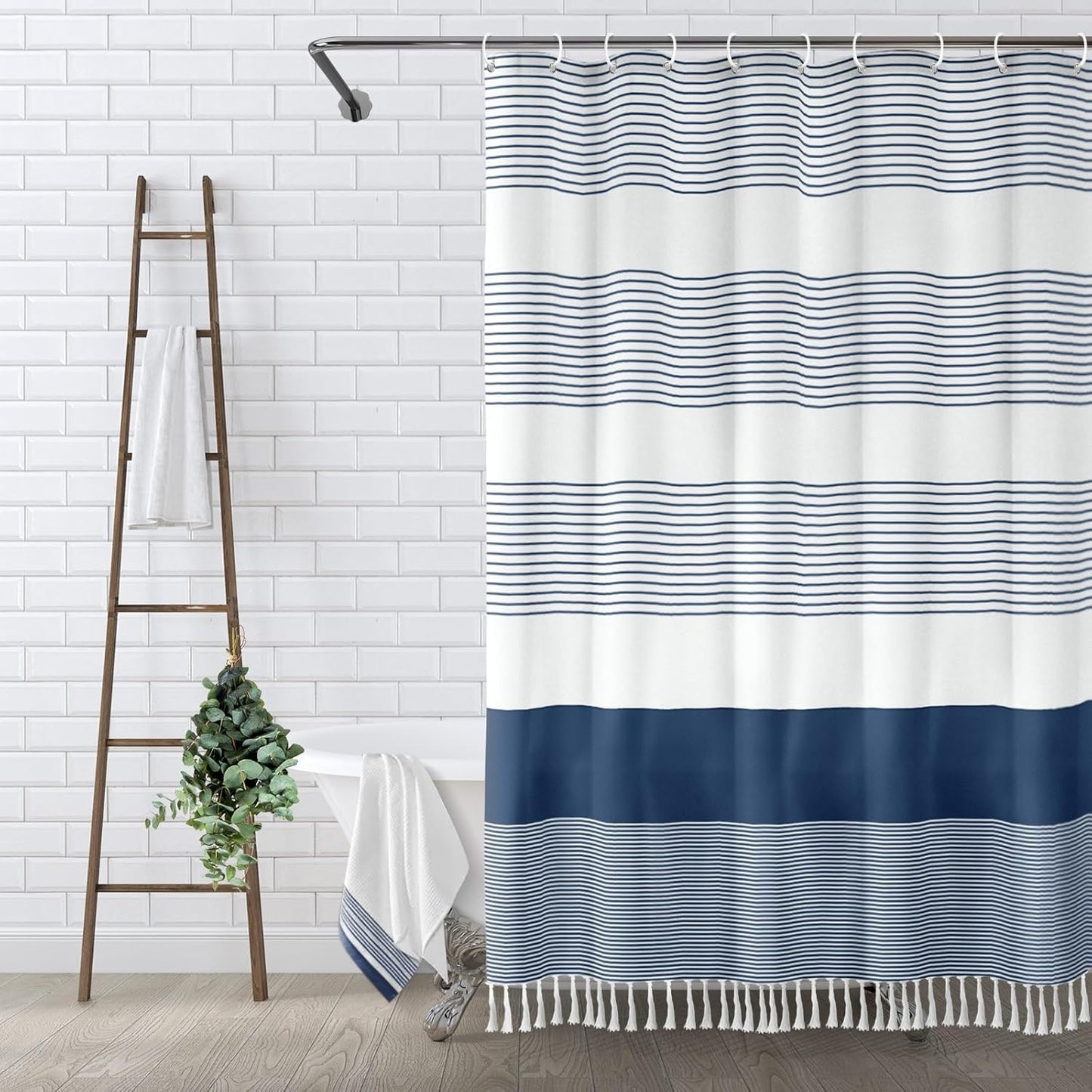 Awellife Navy Blue Shower Curtain with Tassels for Your Bathroom