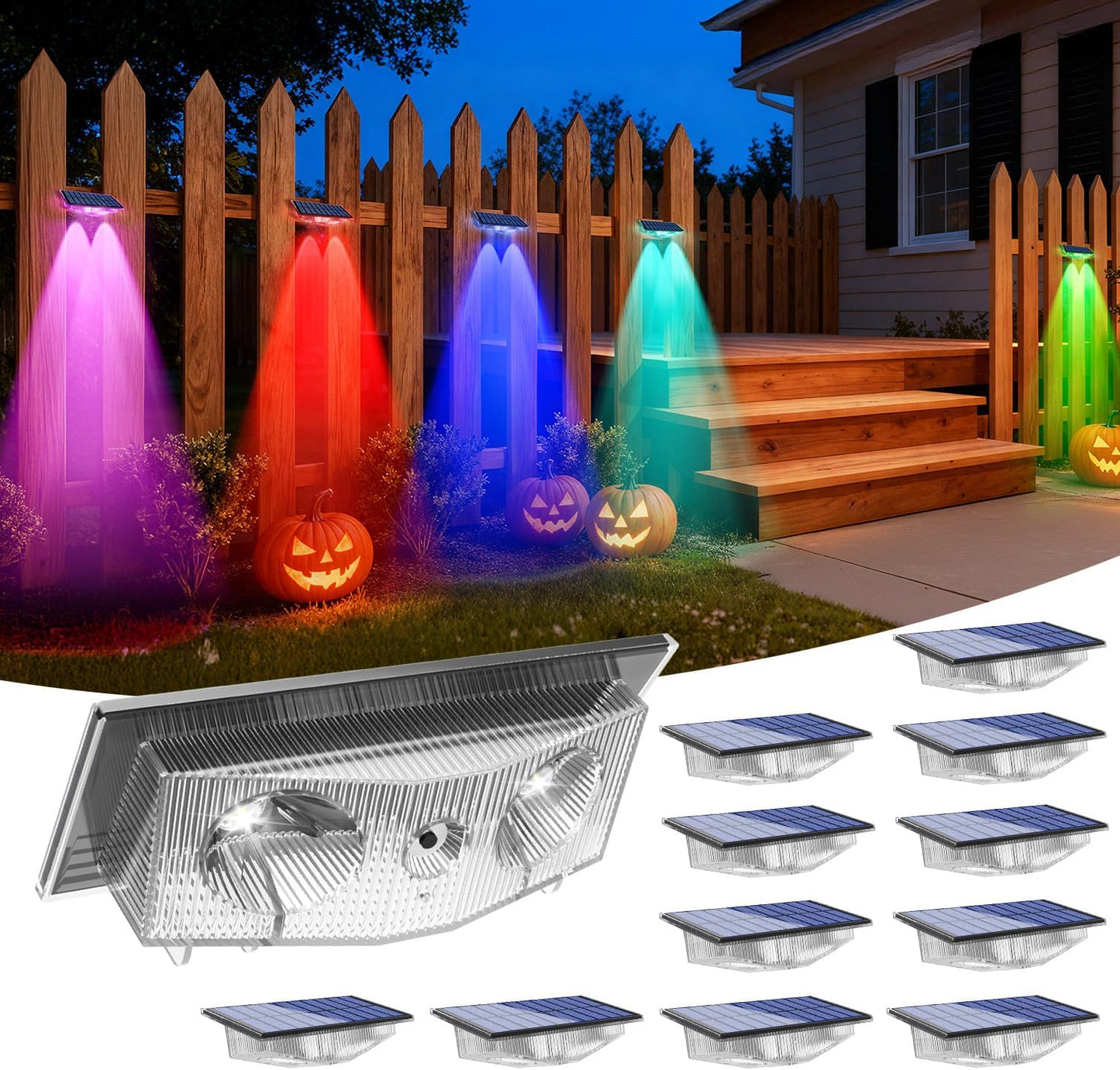 Solar Fence Lights with 6 RGB Colors & Warm White for Outdoors