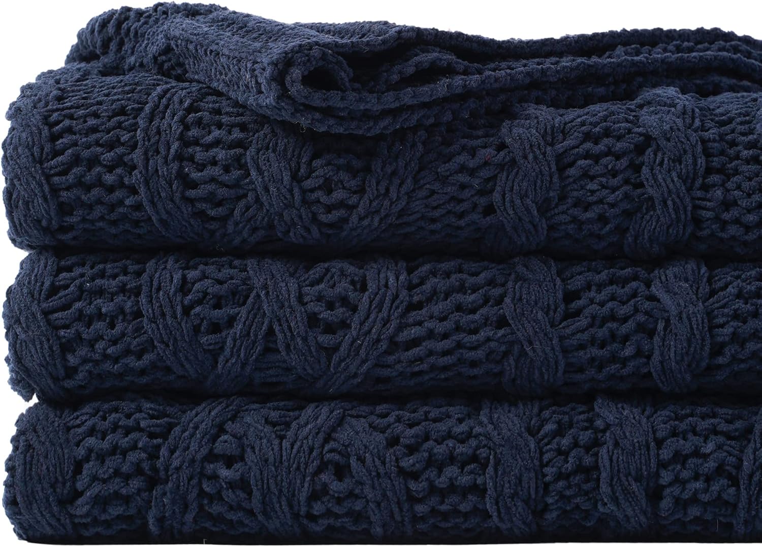 Battilo Navy Blue Chenille Knit Throw Blanket for Couch and Bed