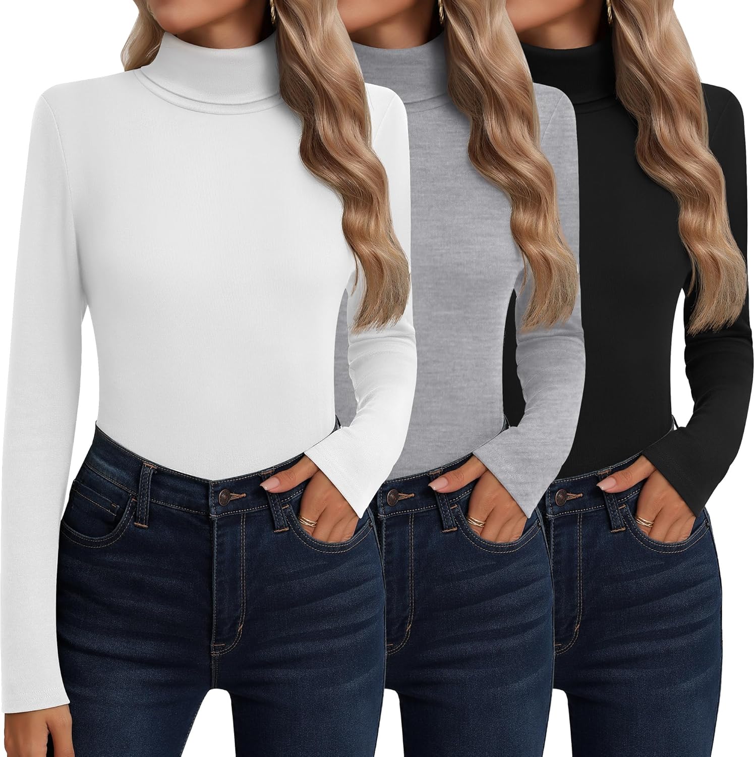 Neer 3 Pack Cotton Women's Turtleneck Long Sleeve Tops