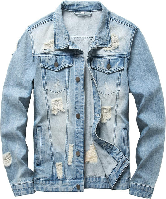 RANMCC Slim Fit Ripped Denim Jacket for Men - Stylish Comfort