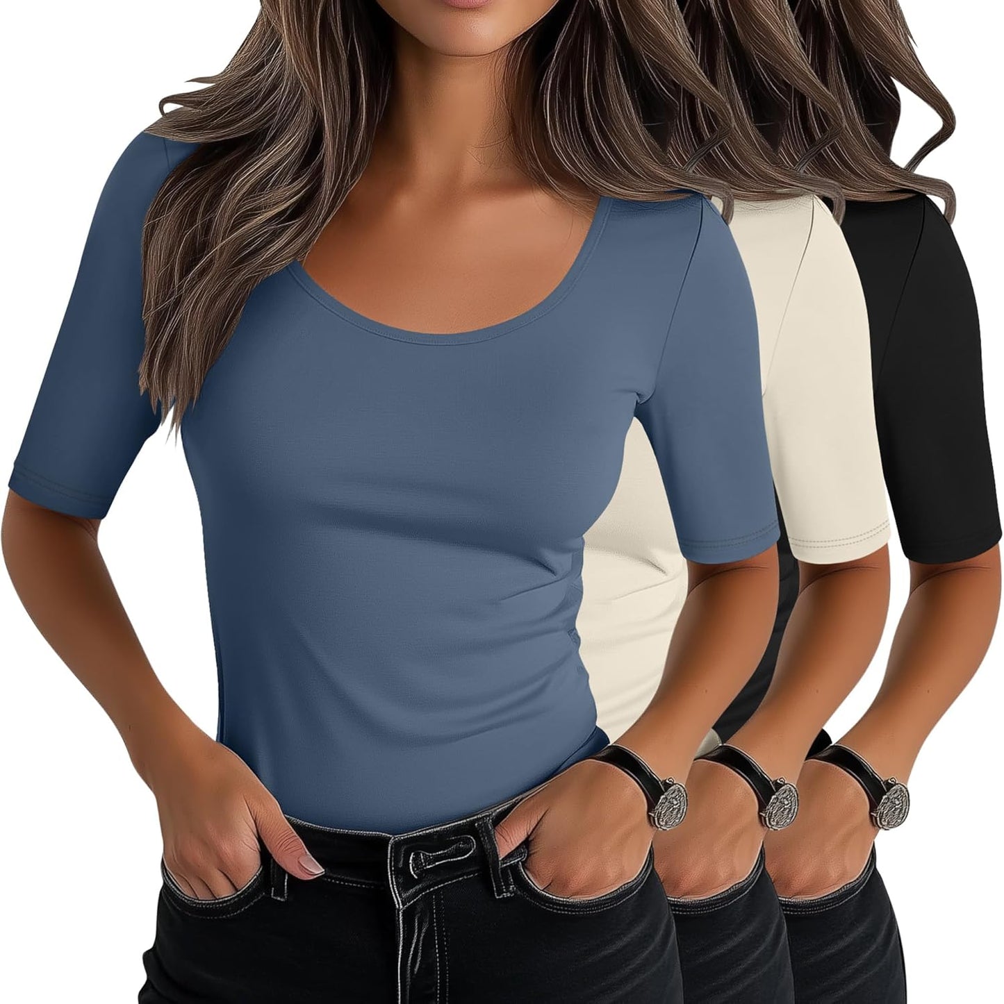 Neer Women's Scoop Neck Stretchy Tops for Casual Summer Wear