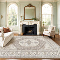 Washable 9x12 Area Rug - Low Pile Vintage Oriental Rug for Living Room