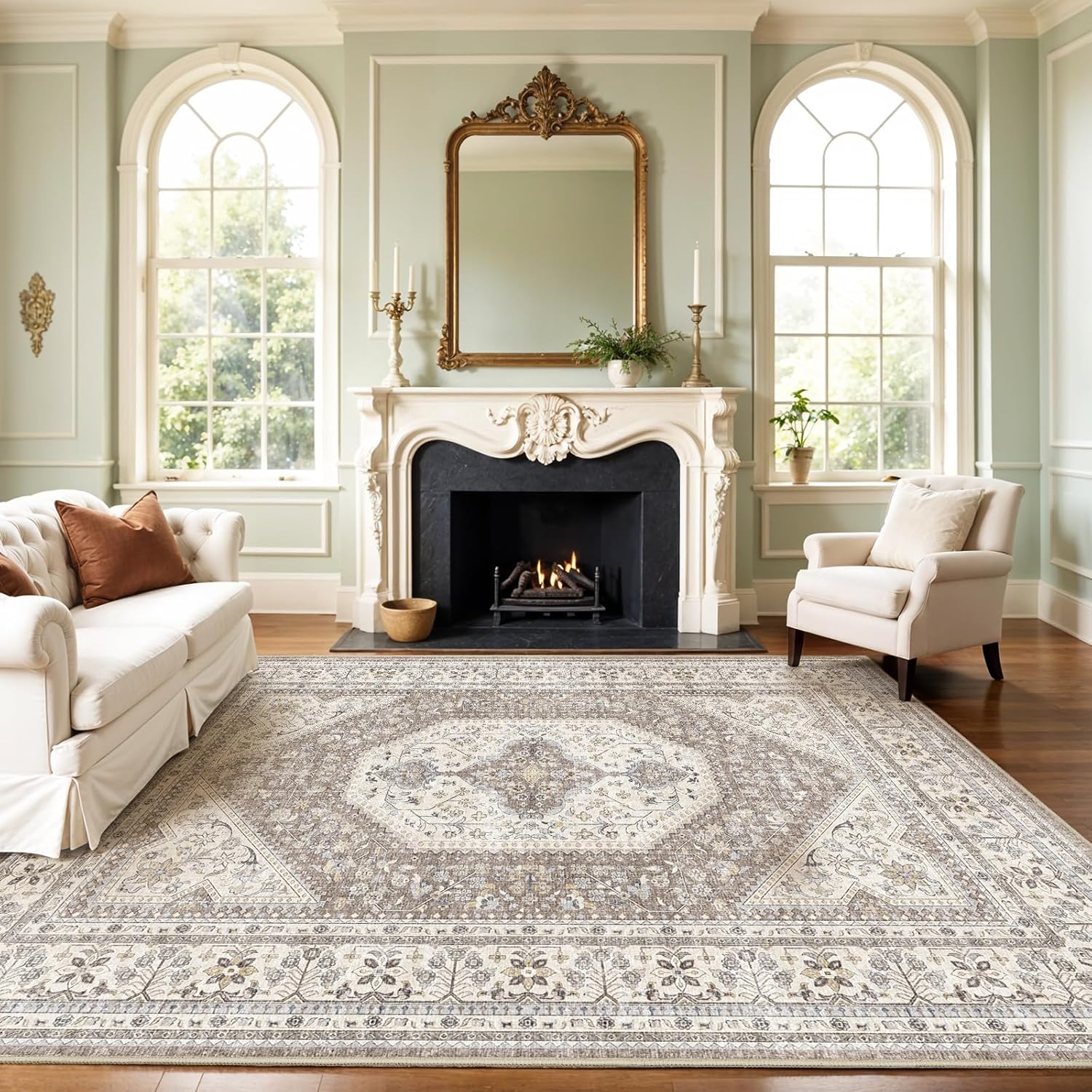 Washable 9x12 Area Rug for Living Room with Vintage Design
