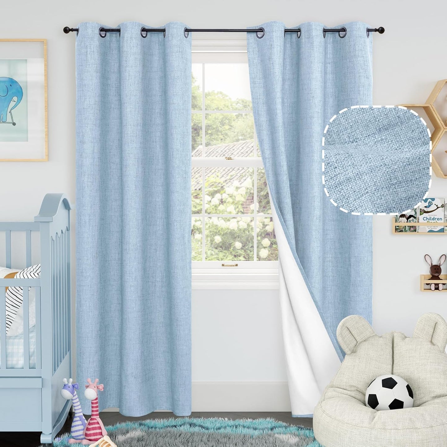 Baby Blue Linen Blackout Curtains for Nursery - 80 Inch Length